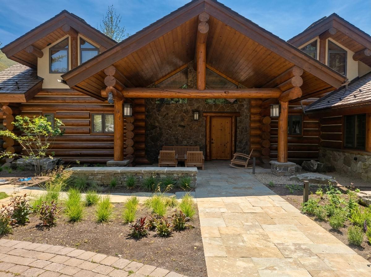 Triple-gable log home entry with full-round log trusses and stone entry wall